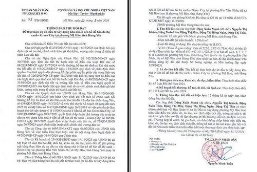 Thông báo số 83/TB-UBND của UBND phường Mỹ Hào về việc thu hồi đất.