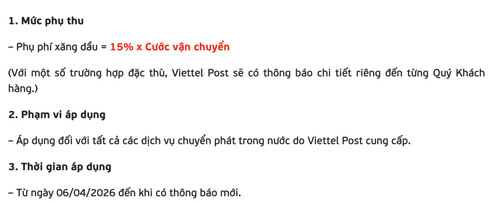 Mức phụ thu mới được Viettel Post thông báo. Ảnh: Viettel Post