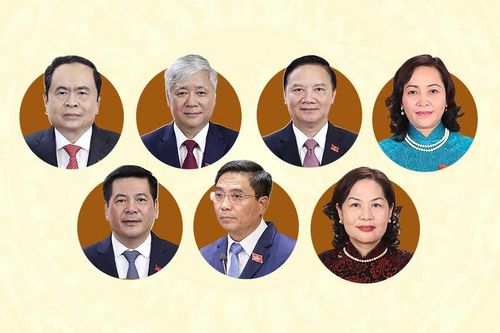 Lãnh đạo Quốc hội khóa XVI (từ trái sang, trên xuống) gồm Chủ tịch Quốc hội Trần Thanh Mẫn, các Phó chủ tịch Đỗ Văn Chiến, Nguyễn Khắc Định, Nguyễn Thị Thanh, Nguyễn Hồng Diên, Nguyễn Doãn Anh, Nguyễn Thị Hồng. Ảnh: Phan Nhật.