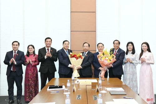 Đoàn ĐBQH tỉnh Hà Tĩnh tặng hoa chúc mừng đồng chí Nguyễn Duy Lâm - Ủy viên Ban Chấp hành Trung ương Đảng, Bí thư Tỉnh ủy giữ chức Trưởng đoàn ĐBQH và đồng chí Trần Đình Gia - Ủy viên Ban Chấp hành Đảng bộ tỉnh giữ chức Phó Trưởng đoàn chuyên trách Đoàn ĐBQH tỉnh Hà Tĩnh khóa XVI.