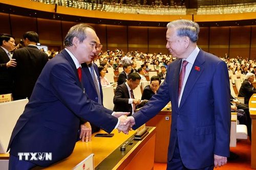 Tổng Bí thư Tô Lâm với các đồng chí nguyên lãnh đạo Đảng, Nhà nước dự khai mạc Kỳ họp thứ Nhất, Quốc hội khóa XVI. (Ảnh: Doãn Tấn/TTXVN)
