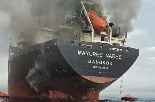 Tàu chở hàng Mayuree Naree của Thái Lan di chuyển gần eo biển Hormuz bị tấn công ngày 11/3. Ảnh: Hải quân Hoàng gia Thái Lan