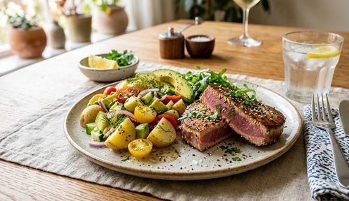 Cá ngừ áp chảo và salad bơ khoai tây là món ăn cung cấp kali và dễ thực hiện.