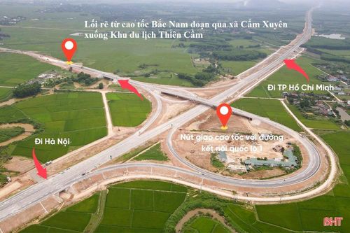 Lối rẽ xuống KDL Thiên Cầm tại nút giao cao tốc Bắc Nam, đoạn qua xã Cẩm Xuyên.