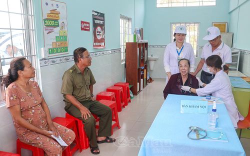Trong sáng 7/4, ngay sau lễ phát động Ngày sức khỏe toàn dân, Cà Mau tổ chức khám sàng lọc tăng huyết áp, đái tháo đường, hen phế quản, và các bệnh mạn tính khác, đồng thời cấp phát thuốc miễn phí cho người dân ở xã Hưng Mỹ và phường Tân Thành (Ảnh chụp tại Trạm Y tế phường Tân Thành).