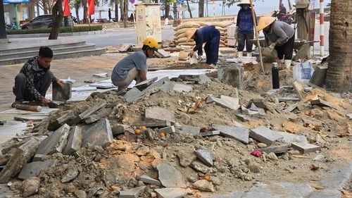 Công nhân đang tất bật sửa chữa vỉa hè để chuẩn bị cho mùa du lịch mới.