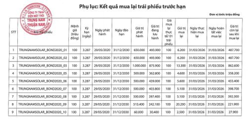 Danh sách trái phiếu mua lại trước hạn của Trung Nam Thuận Nam.