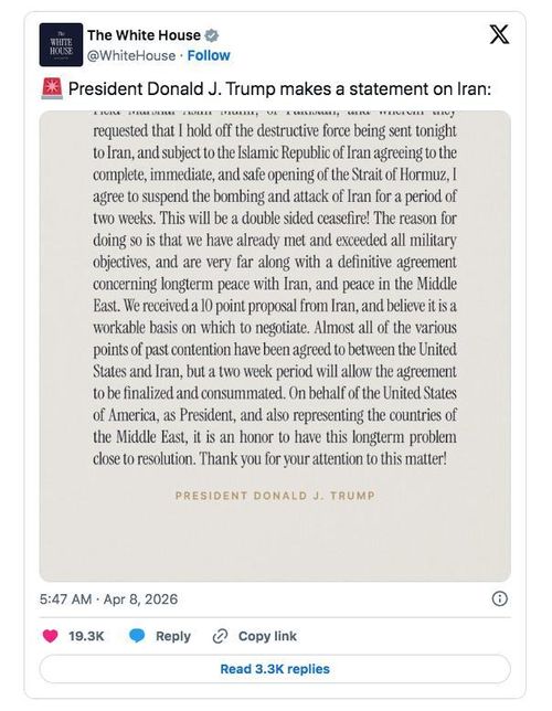  Nhà Trắng chia sẻ thông báo trên mạng xã hội của Tổng thống Trump.