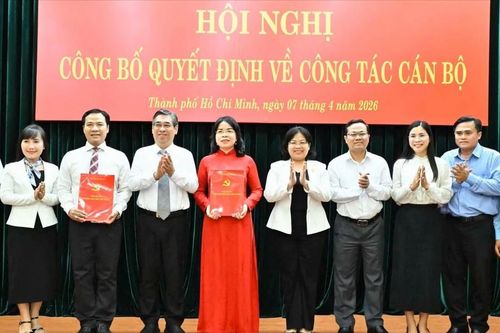 Ông Nguyễn Phước Lộc (thứ 3 từ trái qua) trao quyết định cho bà Nguyễn Thị Ngọc Xuân và ông Nguyễn Minh Nhựt. Ảnh: Việt Dũng.