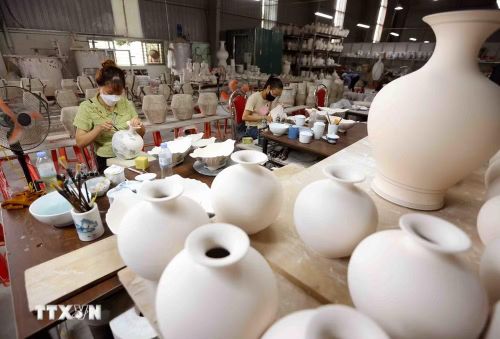Sản xuất gốm tại Công ty TNHH Bảo tồn Bồ Bát (Làng nghề gốm Bồ Bát) tại xã Yên Mô, Ninh Bình (Ảnh: Vũ Sinh/TTXVN)