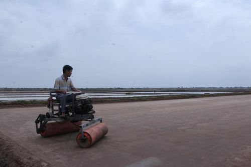 Máy lu muối giúp tiết kiệm đáng kể thời gian và công sức cho diêm dân. Ảnh: Nguyên Du