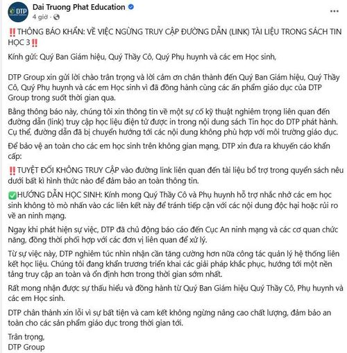 Thông báo khẩn trong ngày 9.4 của DTP Group trên trang fanpage