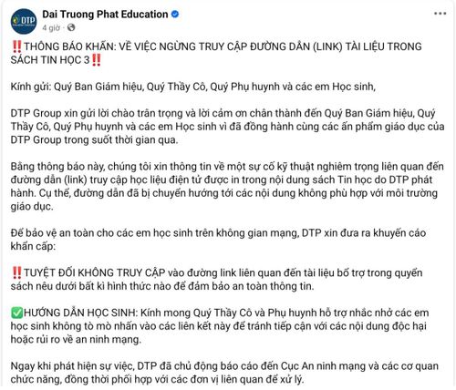 Thông báo xin lỗi trên fanpage chính thức Tập đoàn Đại Trường Phát (DTP Education Solutions).