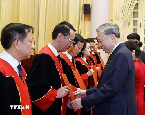 Tổng Bí thư, Chủ tịch nước Tô Lâm trao Quyết định bổ nhiệm chức danh Thẩm phán Tòa án nhân dân Tối cao cho các thẩm phán. (Ảnh: Thống Nhất/TTXVN)