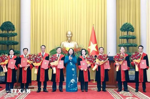 Bí thư Trung ương Đảng, Phó Chủ tịch nước Võ Thị Ánh Xuân tặng hoa chúc mừng các Thẩm phán Tòa án Nhân dân Tối cao nhận Quyết định bổ nhiệm. (Ảnh: Thống Nhất/TTXVN)