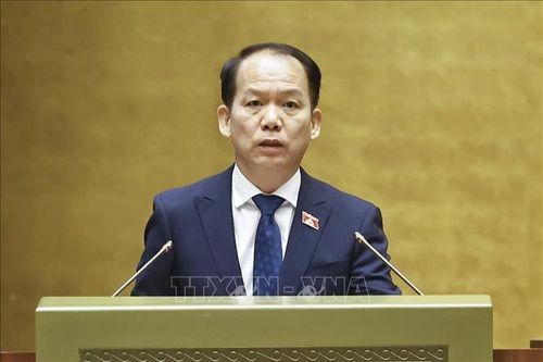 Bộ trưởng Tư pháp Hoàng Thanh Tùng, thừa ủy quyền của Thủ tướng Chính phủ trình bày Tờ trình về 4 dự án: Luật Hộ tịch (sửa đổi); Luật sửa đổi, bổ sung một số điều của Luật Công chứng; Luật sửa đổi, bổ sung một số điều của Luật Trợ giúp pháp lý; Luật Tiếp cận thông tin (sửa đổi). Ảnh: Doãn Tấn/TTXVN