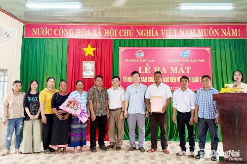Thành viên Tổ hợp tác sản xuất lúa gạo bền vững Suối Thôn lên nhận quyết định và ra mắt. Ảnh: Thu Hà