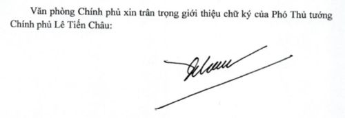 Chữ ký của Phó thủ tướng Lê Tiến Châu.