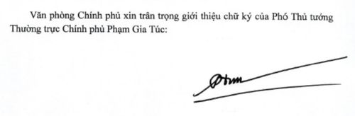 Chữ ký của Phó thủ tướng thường trực Phạm Gia Túc. 