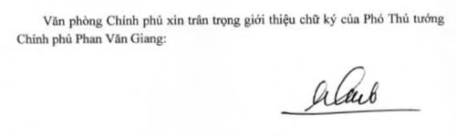 Chữ ký của Phó thủ tướng Phan Văn Giang. 