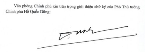 Chữ ký của Phó thủ tướng Hồ Quốc Dũng. 