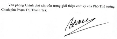 Chữ ký của Phó thủ tướng Phạm Thị Thanh Trà. 