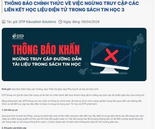 Thông báo khẩn đăng trên website https://dtp-education.com của Tập đoàn giáo dục Đại Trường Phát. Ảnh chụp màn hình