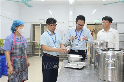 Kiểm tra bếp ăn bán trú tại Trường Tiểu học Đông Thành. Ảnh: Thanh Thương/TTXVN