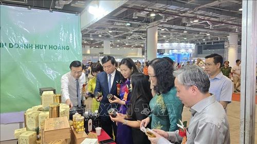 Các đại biểu tham quan các gian hàng OCOP địa phương tại hội chợ.