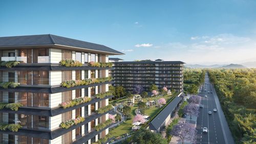Phối cảnh khu căn hộ Thera Home tại Lynn Times Onsen Retreat Nam Hà Nội, thiết kế xanh đa tầng kết hợp không gian trị liệu