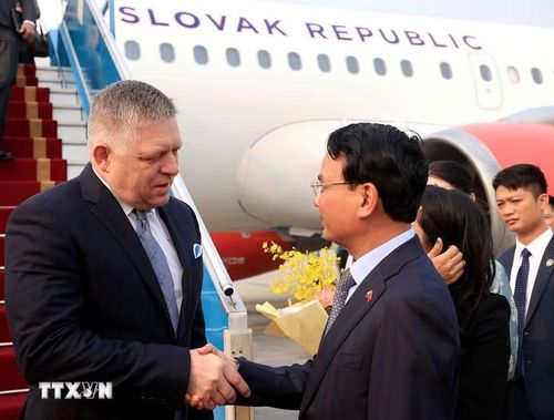 Bộ trưởng, Chủ nhiệm Văn phòng Chính phủ Đặng Xuân Phong đón Thủ tướng Slovakia Robert Fico tại Sân bay quốc tế Nội Bài. (Ảnh: Tuấn Anh/TTXVN)