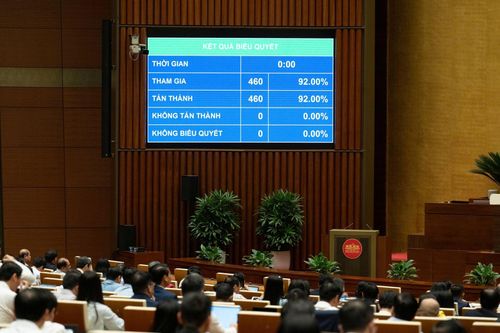 100% đại biểu có mặt tán thành Nghị quyết về việc ban hành một số quy định về thuế bảo vệ môi trường, thuế giá trị gia tăng, thuế tiêu thụ đặc biệt đối với xăng, dầu và nhiên liệu bay. Ảnh: Quochoi