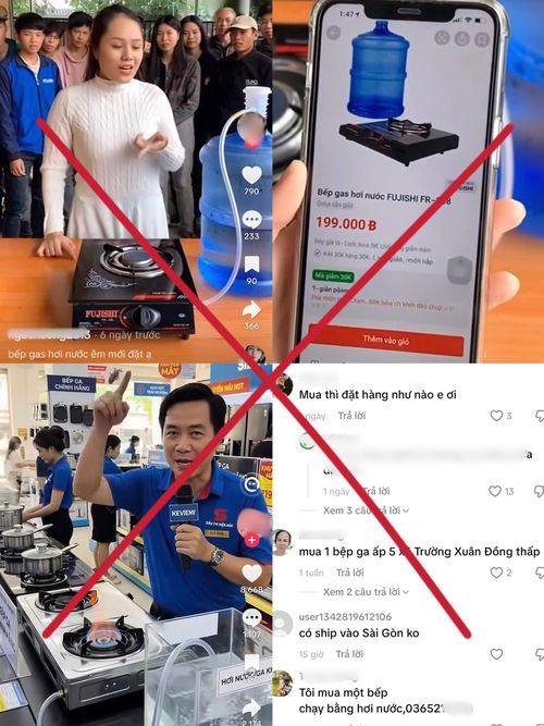 Các clip được tạo dựng bằng AI quảng bá “bếp gas chạy bằng nước” gây hiểu lầm cho người dùng. Ảnh: Chụp màn hình