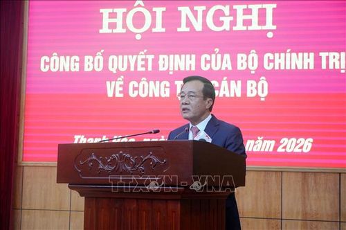 Thượng tướng Lê Đức Thái, Ủy viên Trung ương Đảng, Bí thư Tỉnh ủy Thanh Hóa nhiệm kỳ 2025-2030 phát biểu nhận nhiệm vụ. Ảnh: Việt Hoàng/TTXVN