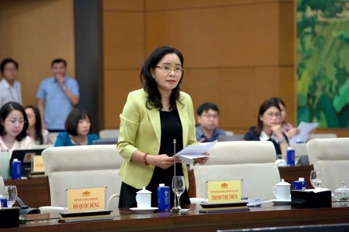 Thứ trưởng Trịnh Thị Thủy báo cáo tại phiên họp
