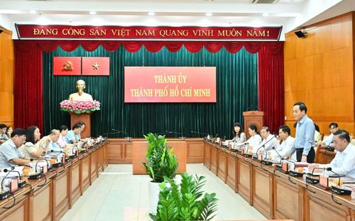 Bí thư Thành ủy TPHCM Trần Lưu Quang trao đổi tại phiên họp. Ảnh: Việt Dũng