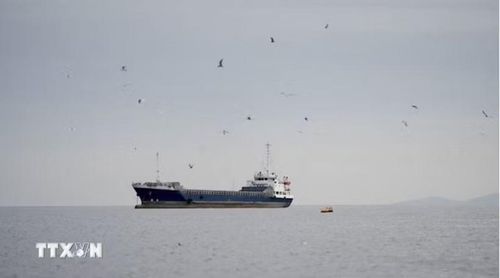 Tàu thủy di chuyển ở eo biển Hormuz, ngoài khơi tỉnh Musandam của Oman, ngày 12/4/2026. (Ảnh: Reuters/TTXVN)