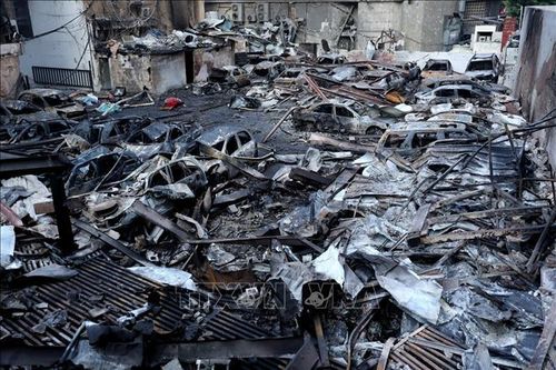 Cảnh đổ nát sau cuộc không kích của Israel tại Beirut, Liban. Ảnh: THX/TTXVN