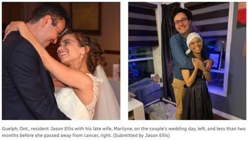 Jason Ellis và vợ là Marilyne khi cưới (trái) và hai tháng trước khi Marilyne qua đời vì ung thư (phải). Ảnh: nhân vật cung cấp.