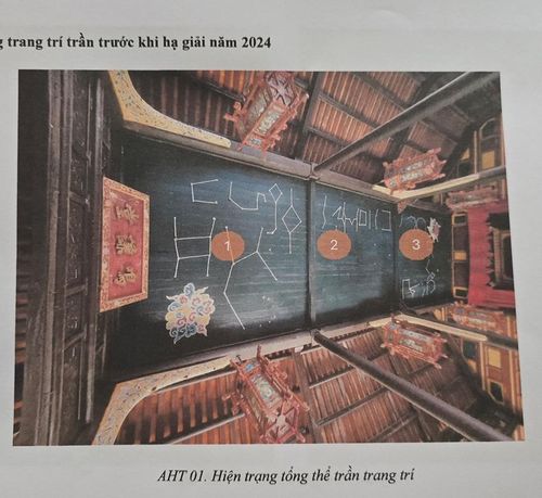 Ảnh hiện trạng tổng thể trần trang trí Nhà hát Minh Khiêm Đường rước khi hạ giải (năm 2024 )