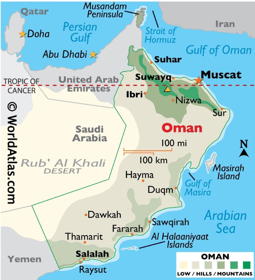  Oman có vị trí độc đáo trong khu vực vùng Vịnh. Ảnh: worldatlas.com 