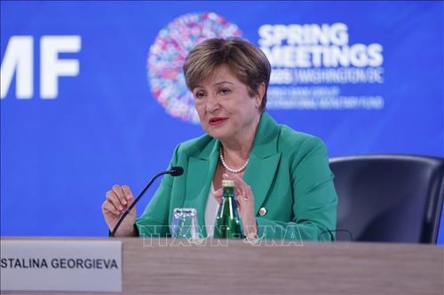 Tổng Giám đốc IMF Kristalina Georgieva phát biểu trong cuộc họp báo tại Washington, D.C., Mỹ ngày 24/4/2025. Ảnh: THX/TTXVN