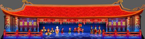 Không gian văn hóa dân gian múa rối nước được khắc họa sinh động bằng ánh sáng. Ảnh: PV