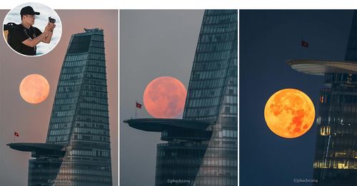 3 khoảnh khắc di chuyển của trăng tròn như quả bóng trên “dĩa” (phần sân đỗ trực thăng) ở tòa nhà Bitexco - Thành phố Hồ Chí Minh. Ảnh: Phúc Lê