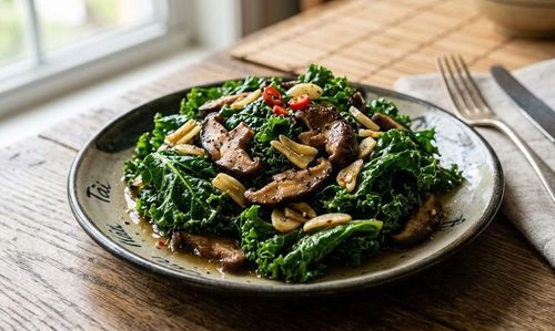 Cải xoăn xào nấm giúp giảm quầng thâm, làm đều màu da.