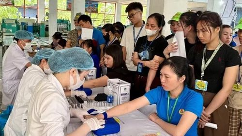 Các y, bác sĩ khám bệnh cho công nhân, người lao động.