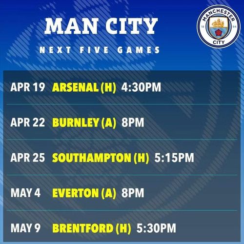 Lịch thi đấu 5 trận cuối của Arsenal (trên) và Man City.