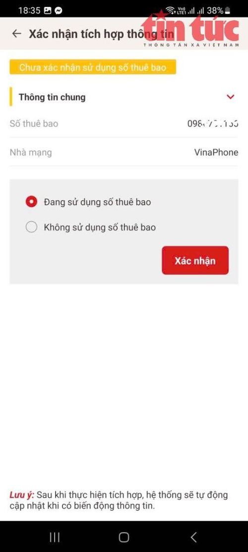 Nếu đang sử dụng, người dùng nhấn nút "Đang sử dụng số thuê bao"; nếu không ấn nút "Không sử dụng số thuê bao".