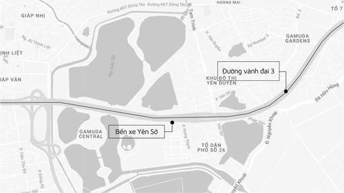  Vị trí bến xe Yên Sở nằm sát đường Vành đai 3. Ảnh: Google Maps - Đồ họa: Trần Hiền. 