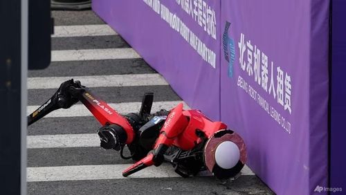 Một robot va vào bảng chắn ngay sau khi cán đích. Ảnh: AP/Andy Wong